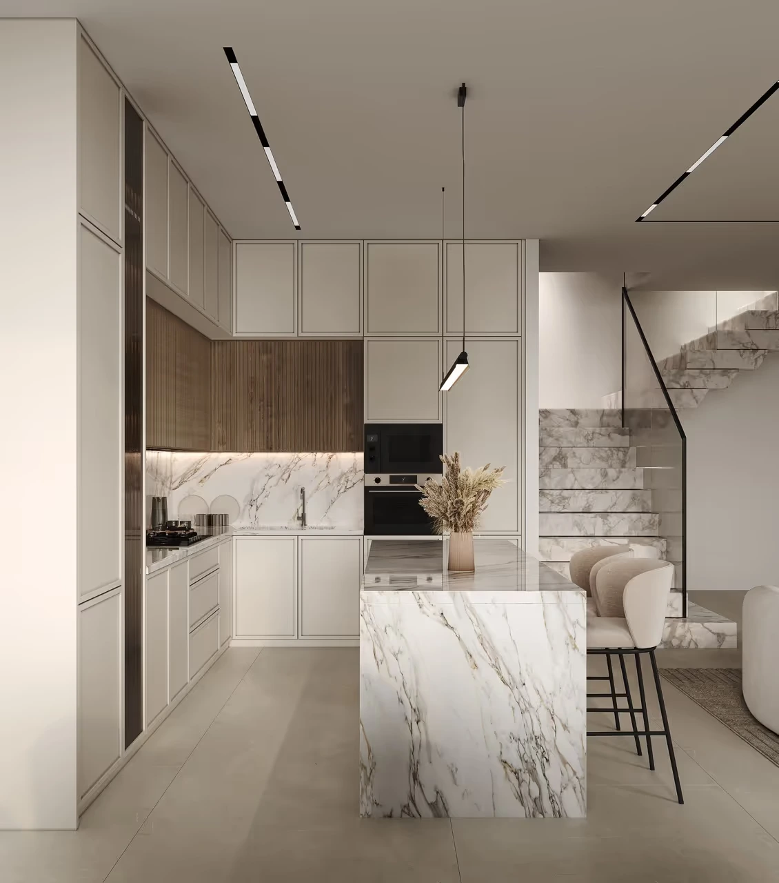 Pinar Herzog – Immobilien – Nahaufnahme einer modernen weißen Holzküche in einem Haus